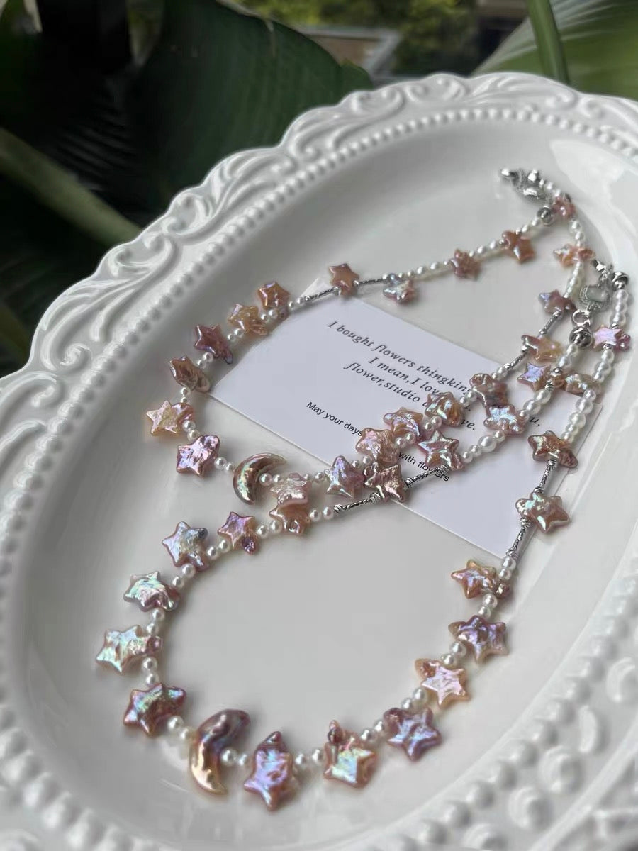 #PN1289 dancing under starlight | Freshwater pearl necklace 40cm-43cm moon & star rainbow-like lustrous golden purple color rare baby freshwater pearl