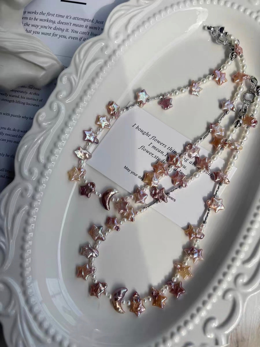 #PN1289 dancing under starlight | Freshwater pearl necklace 40cm-43cm moon & star rainbow-like lustrous golden purple color rare baby freshwater pearl