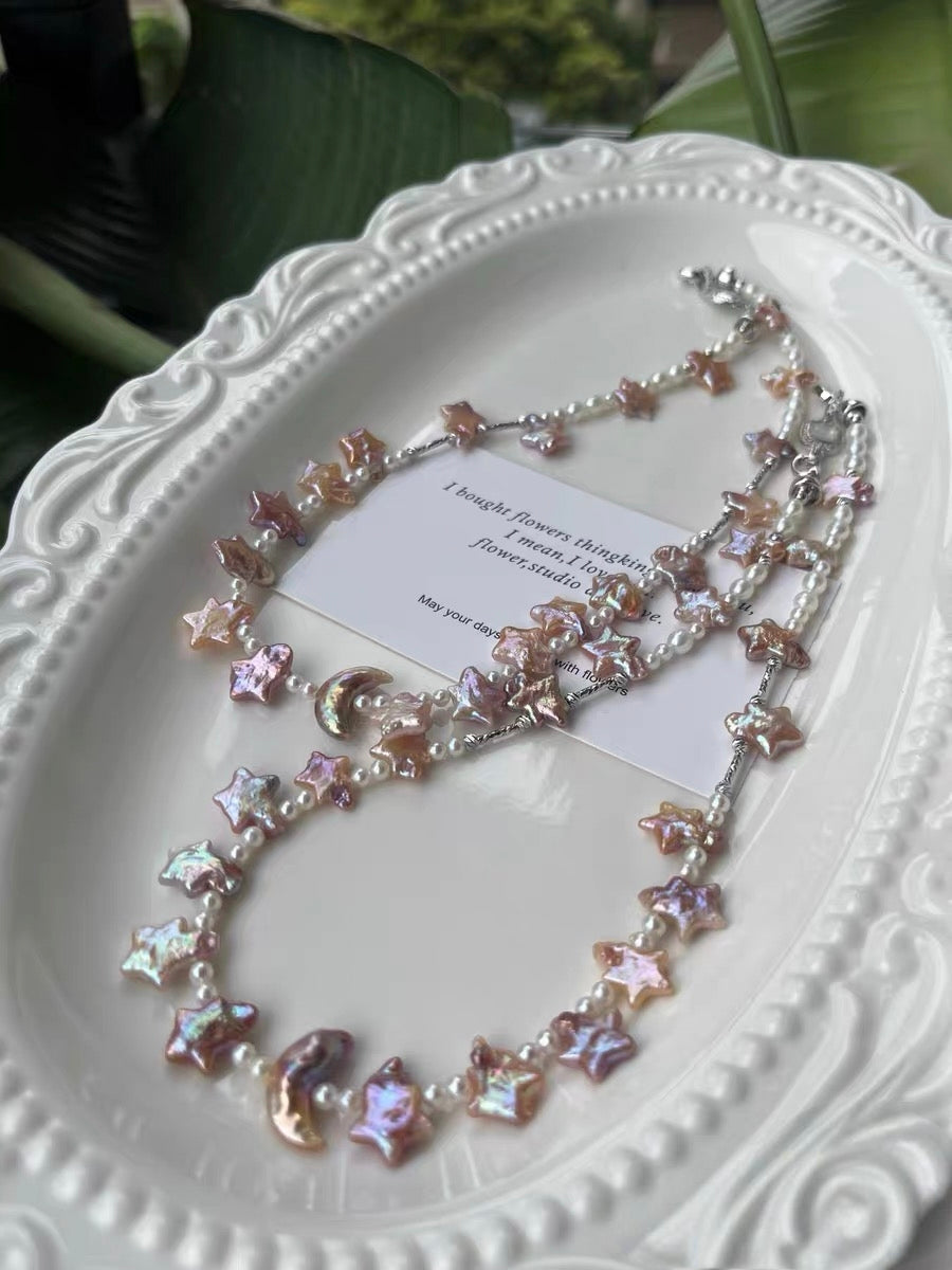 #PN1289 dancing under starlight | Freshwater pearl necklace 40cm-43cm moon & star rainbow-like lustrous golden purple color rare baby freshwater pearl