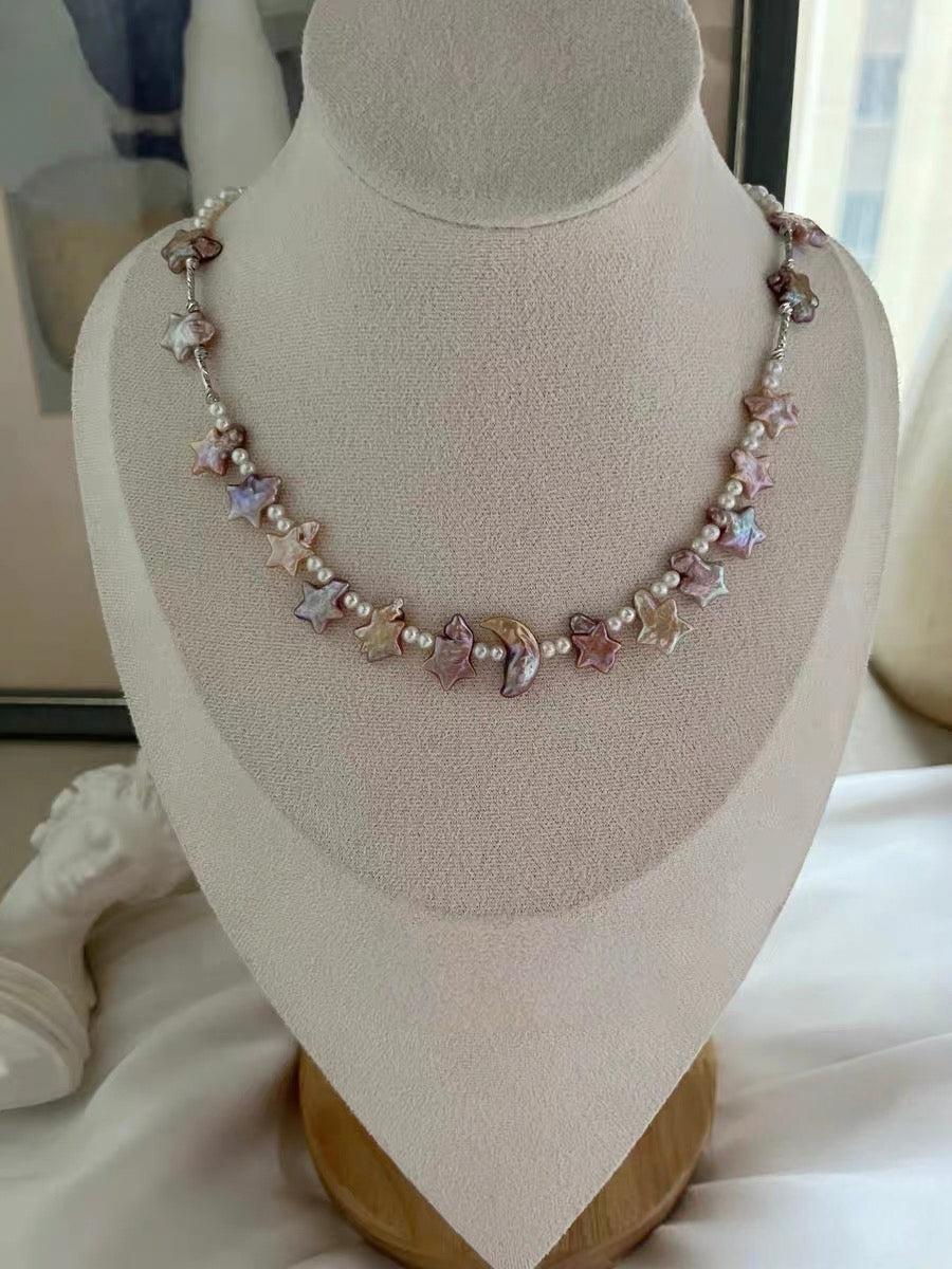 #PN1289 dancing under starlight | Freshwater pearl necklace 40cm-43cm moon & star rainbow-like lustrous golden purple color rare baby freshwater pearl