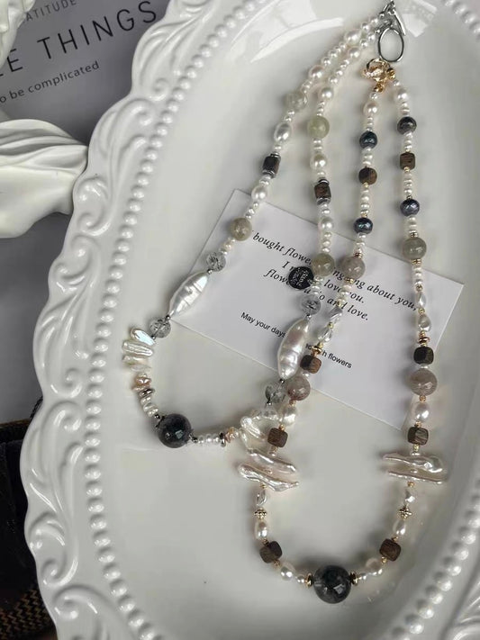 #PN1290 Monet Garden | Freshwater pearl necklace 45cm phantom quartz feather pattern baroques sandal wood square green lepidolite thousand layer phantom garden quartz