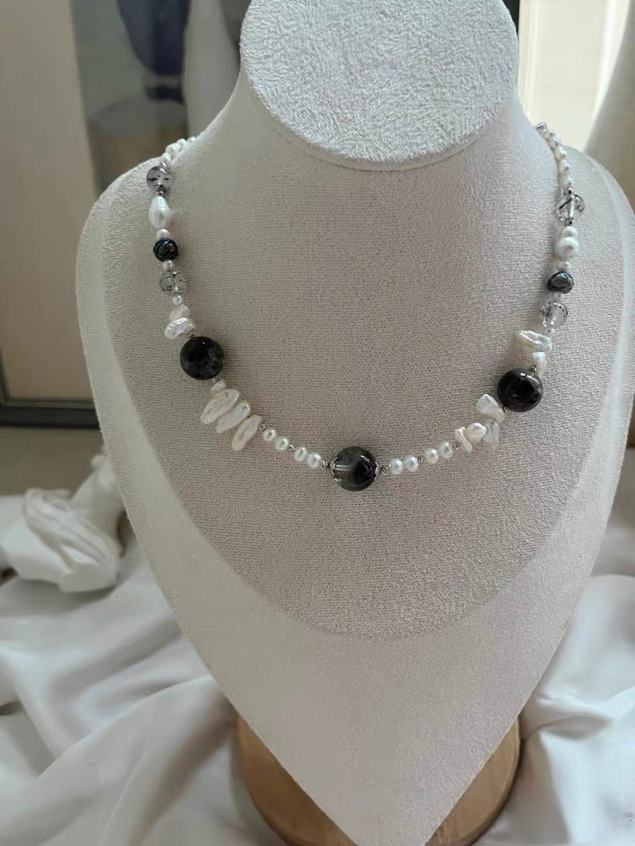 #PN1290 Monet Garden | Freshwater pearl necklace 45cm phantom quartz feather pattern baroques sandal wood square green lepidolite thousand layer phantom garden quartz