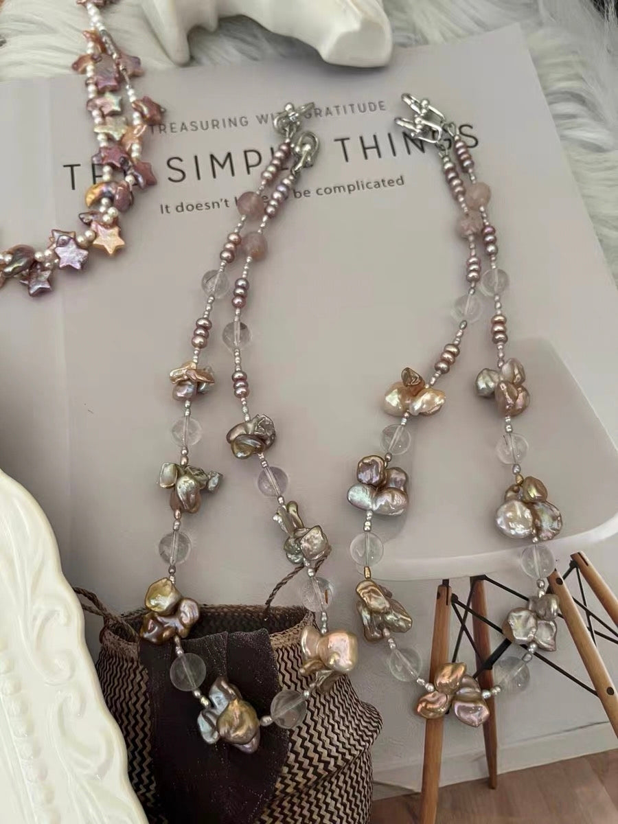 #PN1291 Freshwater pearl necklace golden butterfly fusion barque pearls amethyst clear-body phantom quartz double-end clasps vintage style 45cm