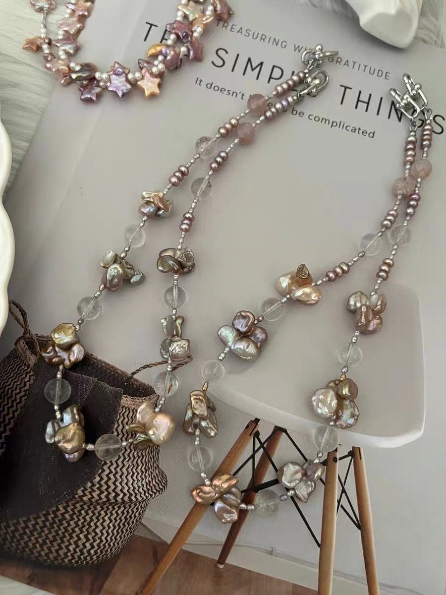 #PN1291 Freshwater pearl necklace golden butterfly fusion barque pearls amethyst clear-body phantom quartz double-end clasps vintage style 45cm
