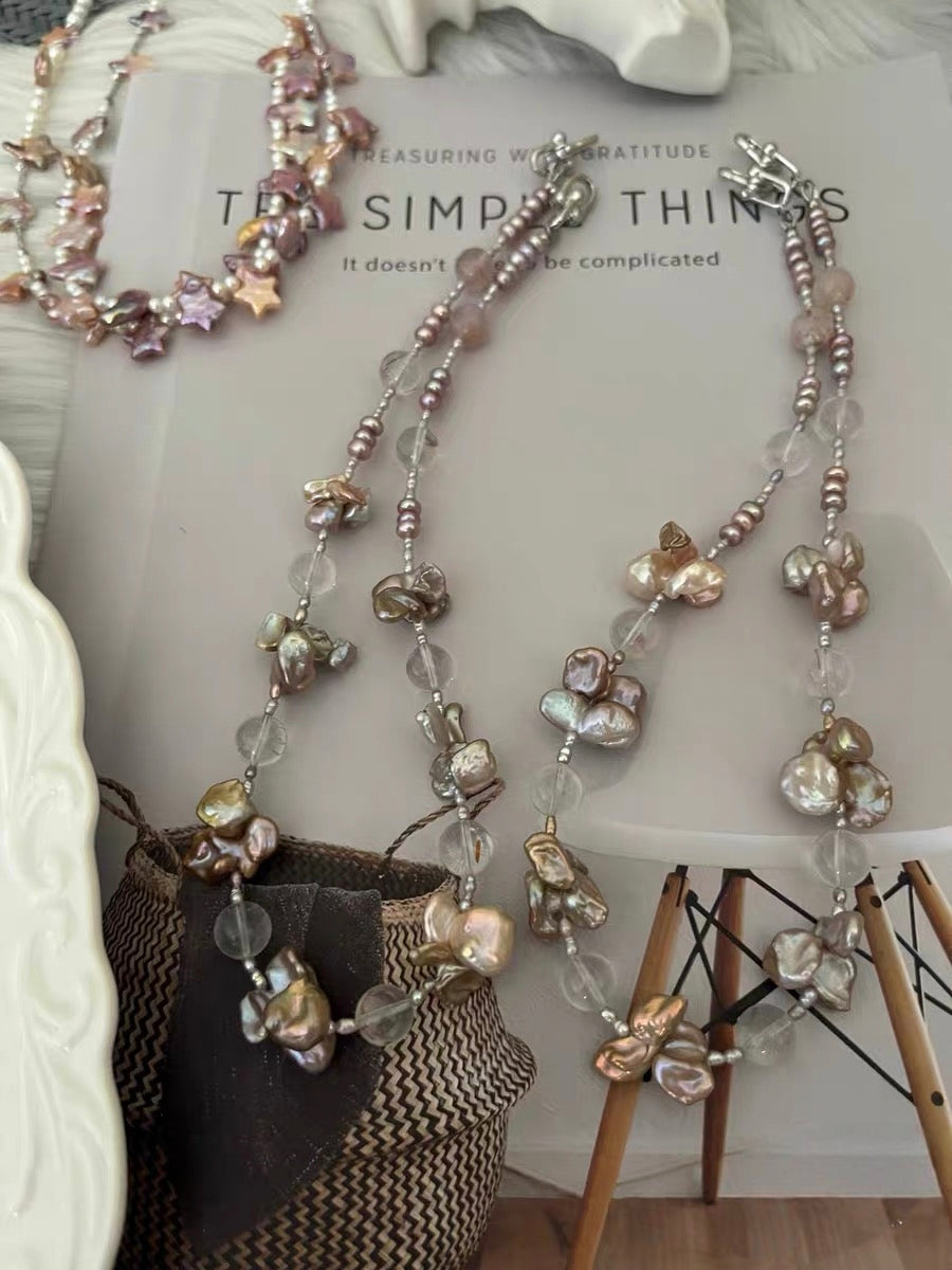 #PN1291 Freshwater pearl necklace golden butterfly fusion barque pearls amethyst clear-body phantom quartz double-end clasps vintage style 45cm