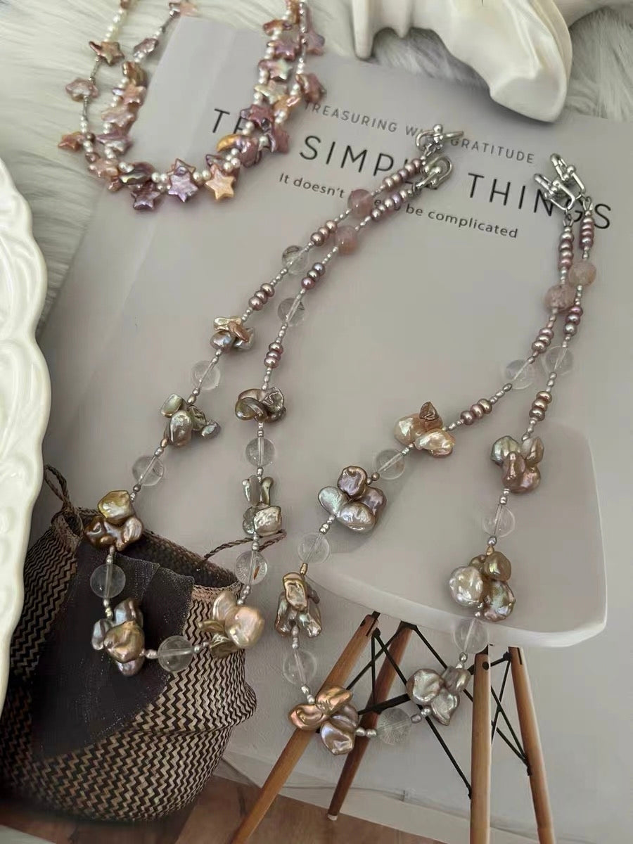 #PN1291 Freshwater pearl necklace golden butterfly fusion barque pearls amethyst clear-body phantom quartz double-end clasps vintage style 45cm