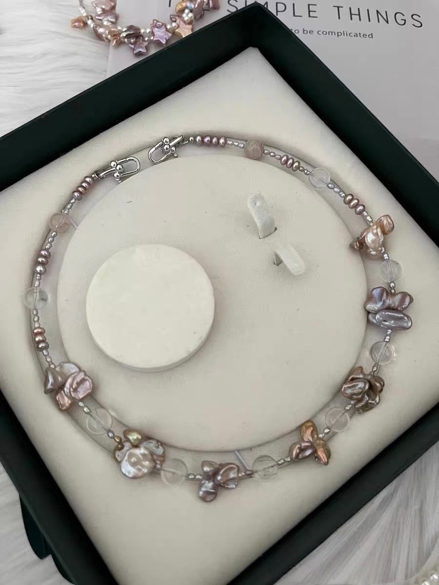 #PN1291 Freshwater pearl necklace golden butterfly fusion barque pearls amethyst clear-body phantom quartz double-end clasps vintage style 45cm