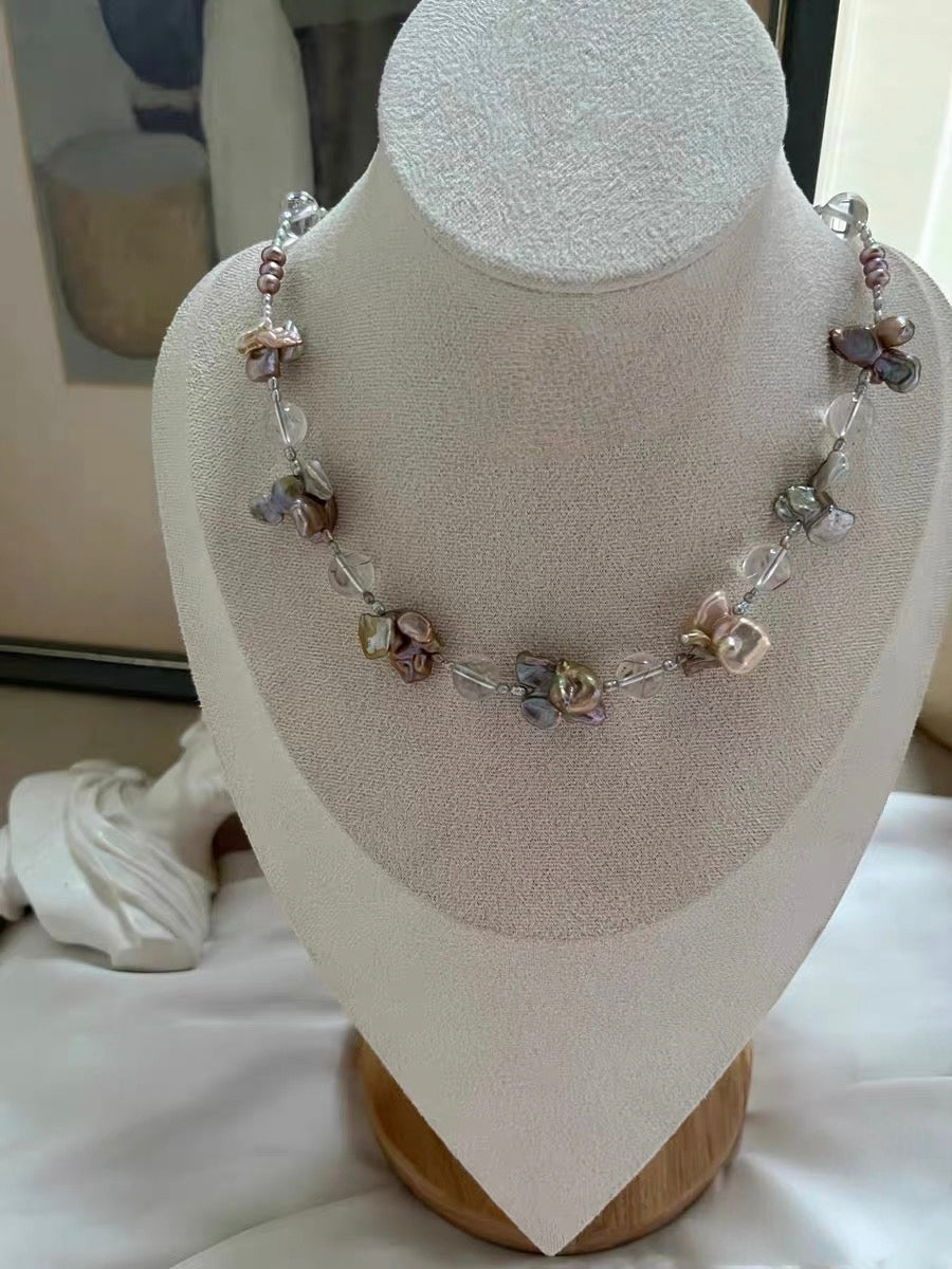 #PN1291 Freshwater pearl necklace golden butterfly fusion barque pearls amethyst clear-body phantom quartz double-end clasps vintage style 45cm
