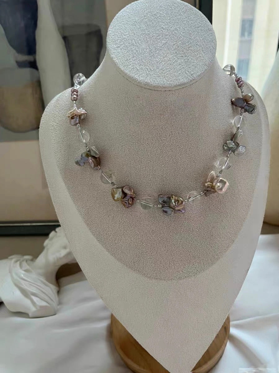 #PN1291 Freshwater pearl necklace golden butterfly fusion barque pearls amethyst clear-body phantom quartz double-end clasps vintage style 45cm