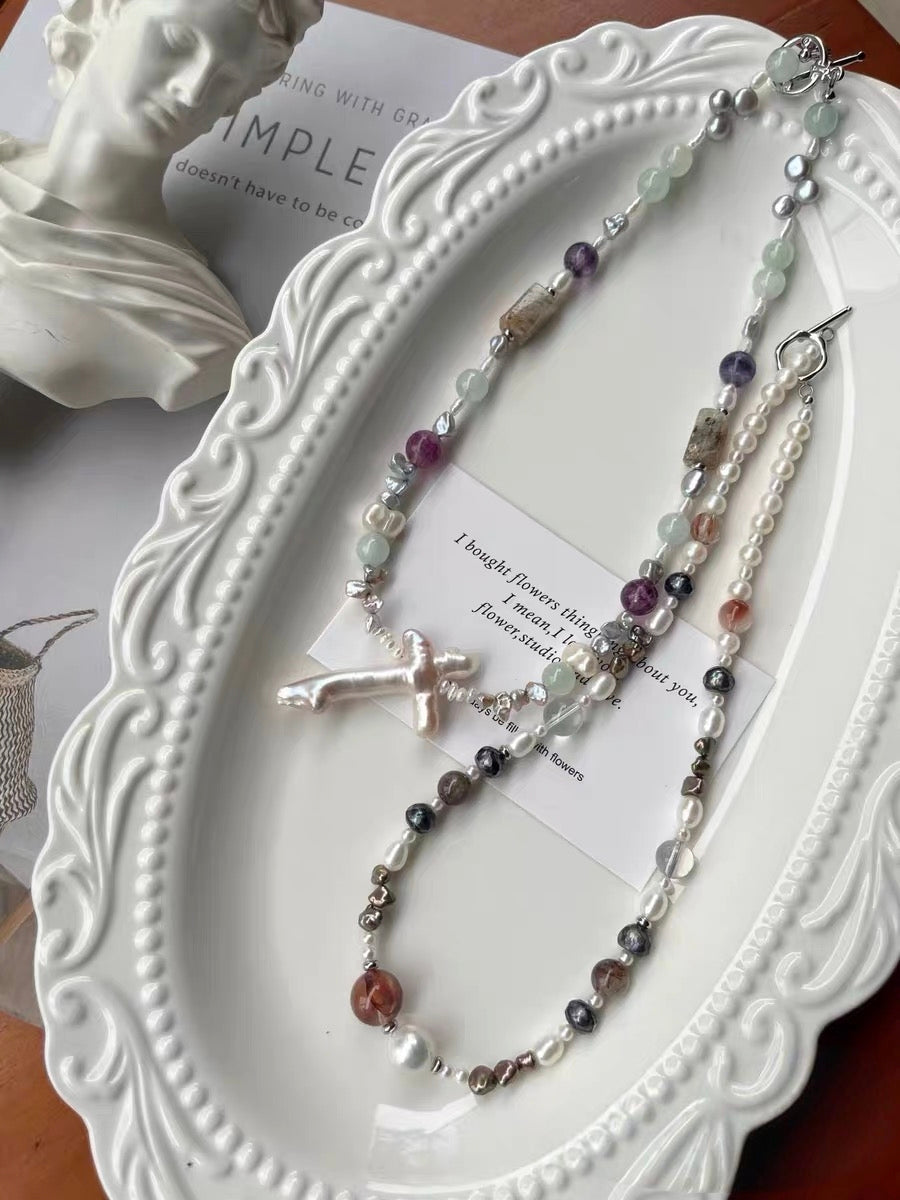 #PN1292 Freshwater pearl necklace 43-44cm rabbit hair rutile quartz amethyst baby blue aquamarine phantom quartz barrel hematoid fire quartz big cross baroque pearls