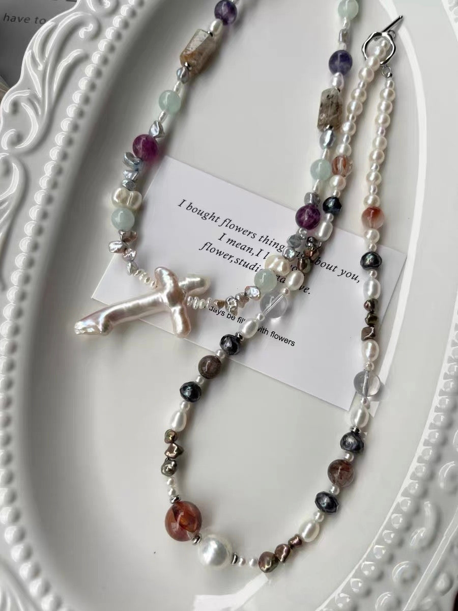 #PN1292 Freshwater pearl necklace 43-44cm rabbit hair rutile quartz amethyst baby blue aquamarine phantom quartz barrel hematoid fire quartz big cross baroque pearls