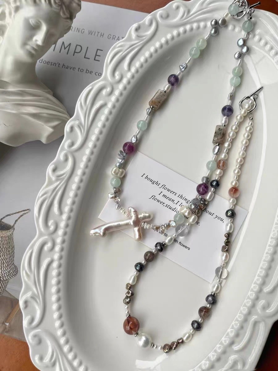 #PN1292 Freshwater pearl necklace 43-44cm rabbit hair rutile quartz amethyst baby blue aquamarine phantom quartz barrel hematoid fire quartz big cross baroque pearls
