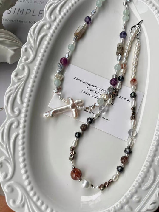 #PN1292 Freshwater pearl necklace 43-44cm rabbit hair rutile quartz amethyst baby blue aquamarine phantom quartz barrel hematoid fire quartz big cross baroque pearls