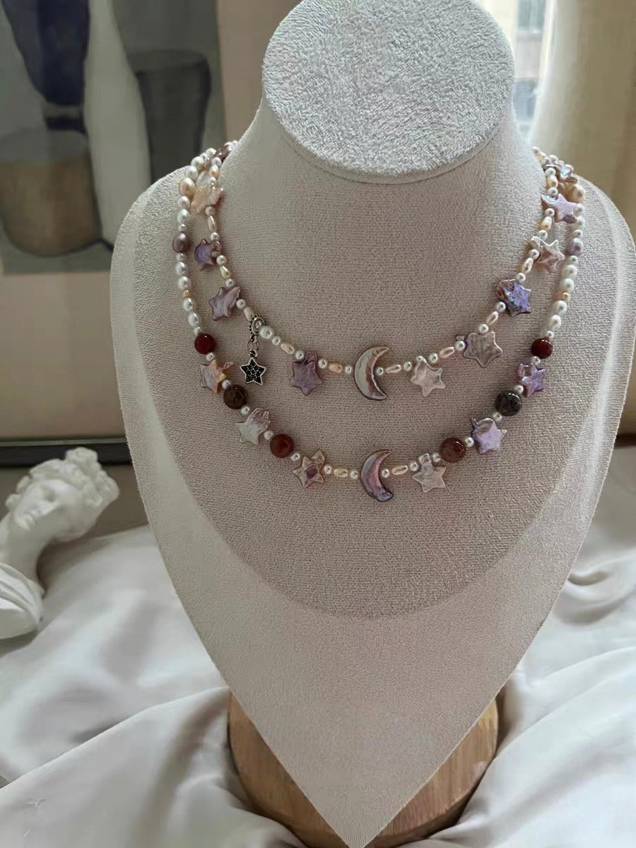 #PN1293 Moon & Star Series | Freshwater pearl necklace 44-45cm pink-purple star metallic champagne gradient moon baroque pearl black golden rabbit hair rutilated quartz