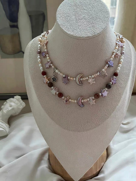 #PN1293 Moon & Star Series | Freshwater pearl necklace 44-45cm pink-purple star metallic champagne gradient moon baroque pearl black golden rabbit hair rutilated quartz