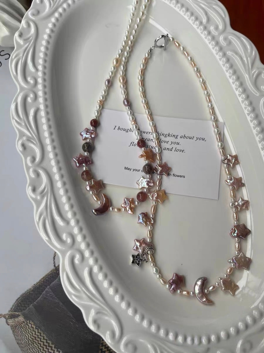 #PN1293 Moon & Star Series | Freshwater pearl necklace 44-45cm pink-purple star metallic champagne gradient moon baroque pearl black golden rabbit hair rutilated quartz