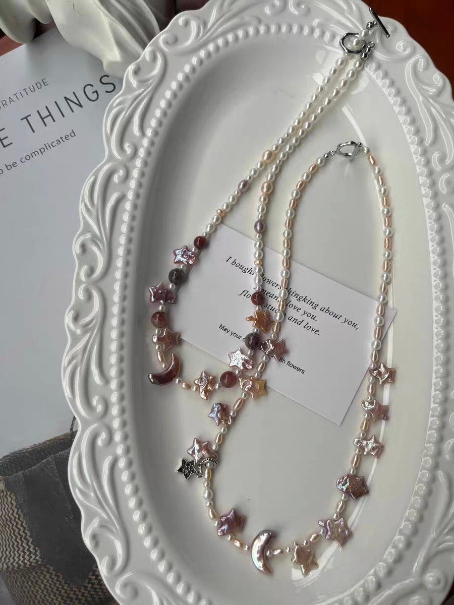 #PN1293 Moon & Star Series | Freshwater pearl necklace 44-45cm pink-purple star metallic champagne gradient moon baroque pearl black golden rabbit hair rutilated quartz