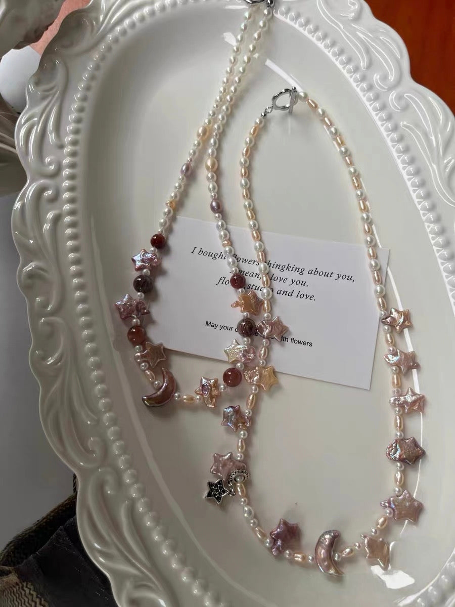 #PN1293 Moon & Star Series | Freshwater pearl necklace 44-45cm pink-purple star metallic champagne gradient moon baroque pearl black golden rabbit hair rutilated quartz
