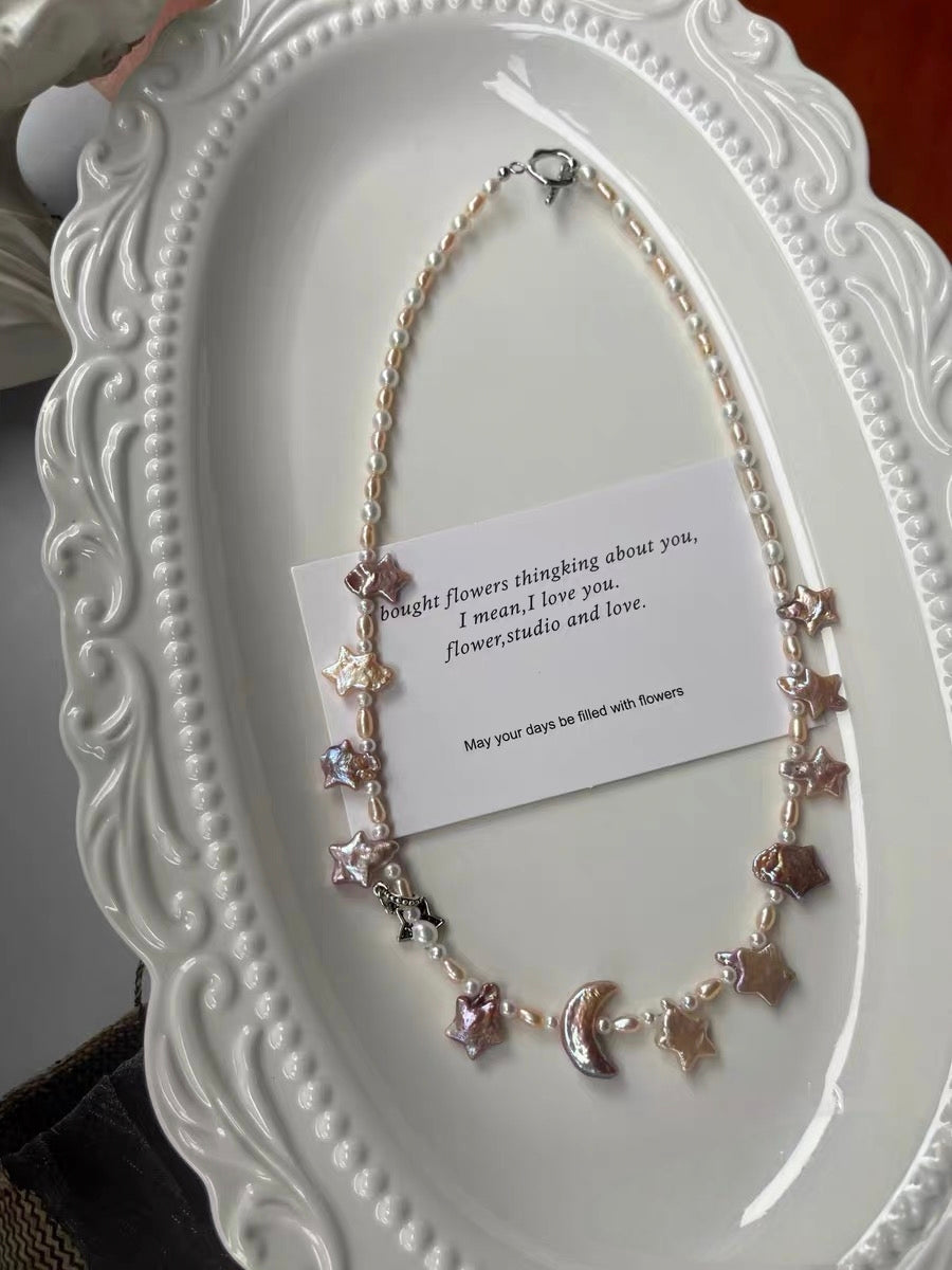 #PN1293 Moon & Star Series | Freshwater pearl necklace 44-45cm pink-purple star metallic champagne gradient moon baroque pearl black golden rabbit hair rutilated quartz
