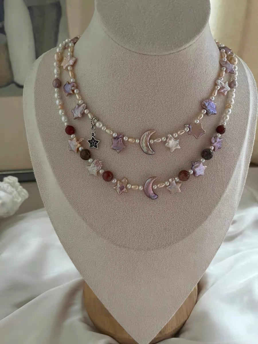 #PN1293 Moon & Star Series | Freshwater pearl necklace 44-45cm pink-purple star metallic champagne gradient moon baroque pearl black golden rabbit hair rutilated quartz
