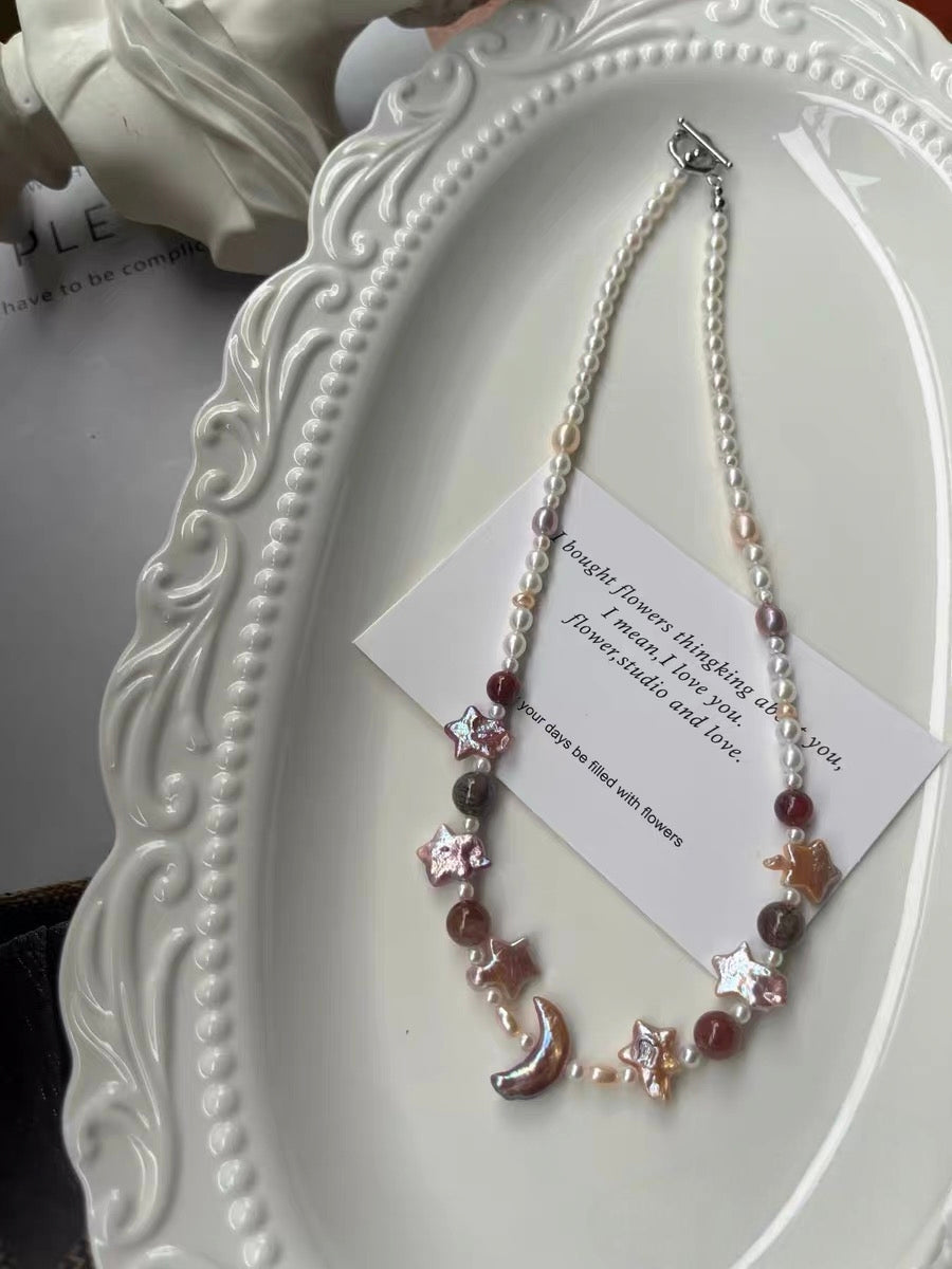 #PN1293 Moon & Star Series | Freshwater pearl necklace 44-45cm pink-purple star metallic champagne gradient moon baroque pearl black golden rabbit hair rutilated quartz