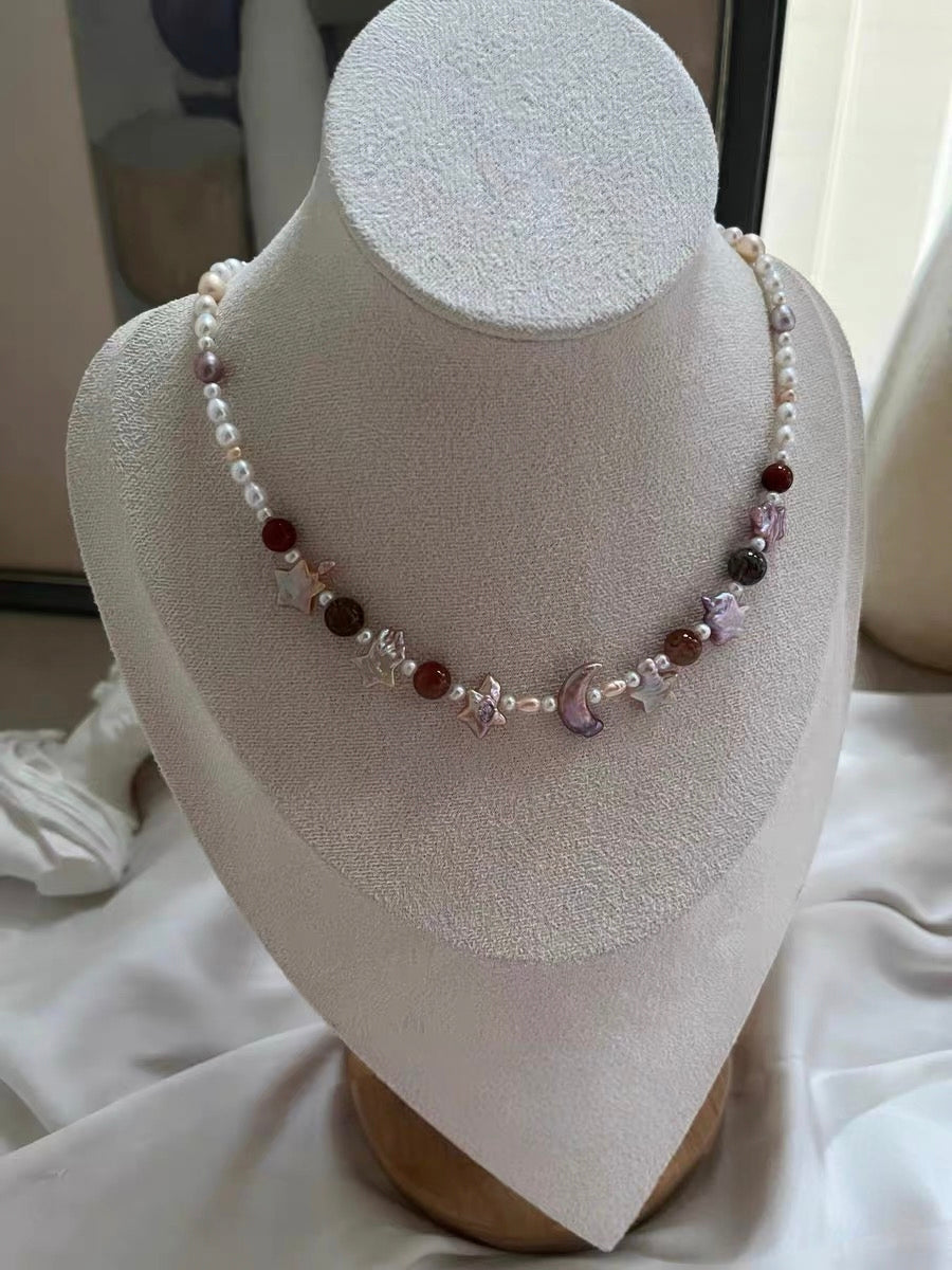 #PN1293 Moon & Star Series | Freshwater pearl necklace 44-45cm pink-purple star metallic champagne gradient moon baroque pearl black golden rabbit hair rutilated quartz