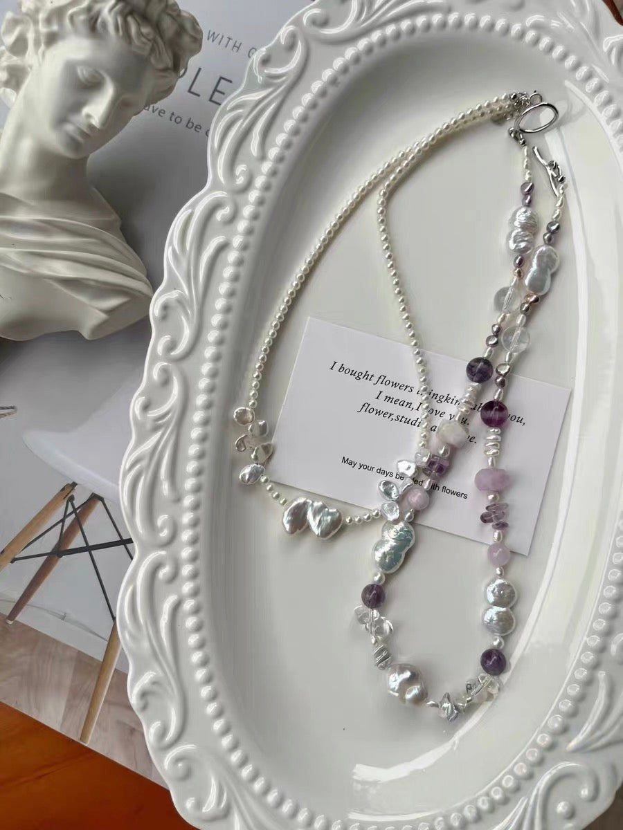 #PN1294 Freshwater pearl necklace heart linked as one shape blue lustre petal baroque kunzite faceted amethyst fluorite hulu shaped baroque