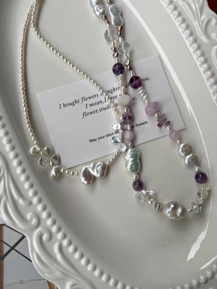 #PN1294 Freshwater pearl necklace heart linked as one shape blue lustre petal baroque kunzite faceted amethyst fluorite hulu shaped baroque