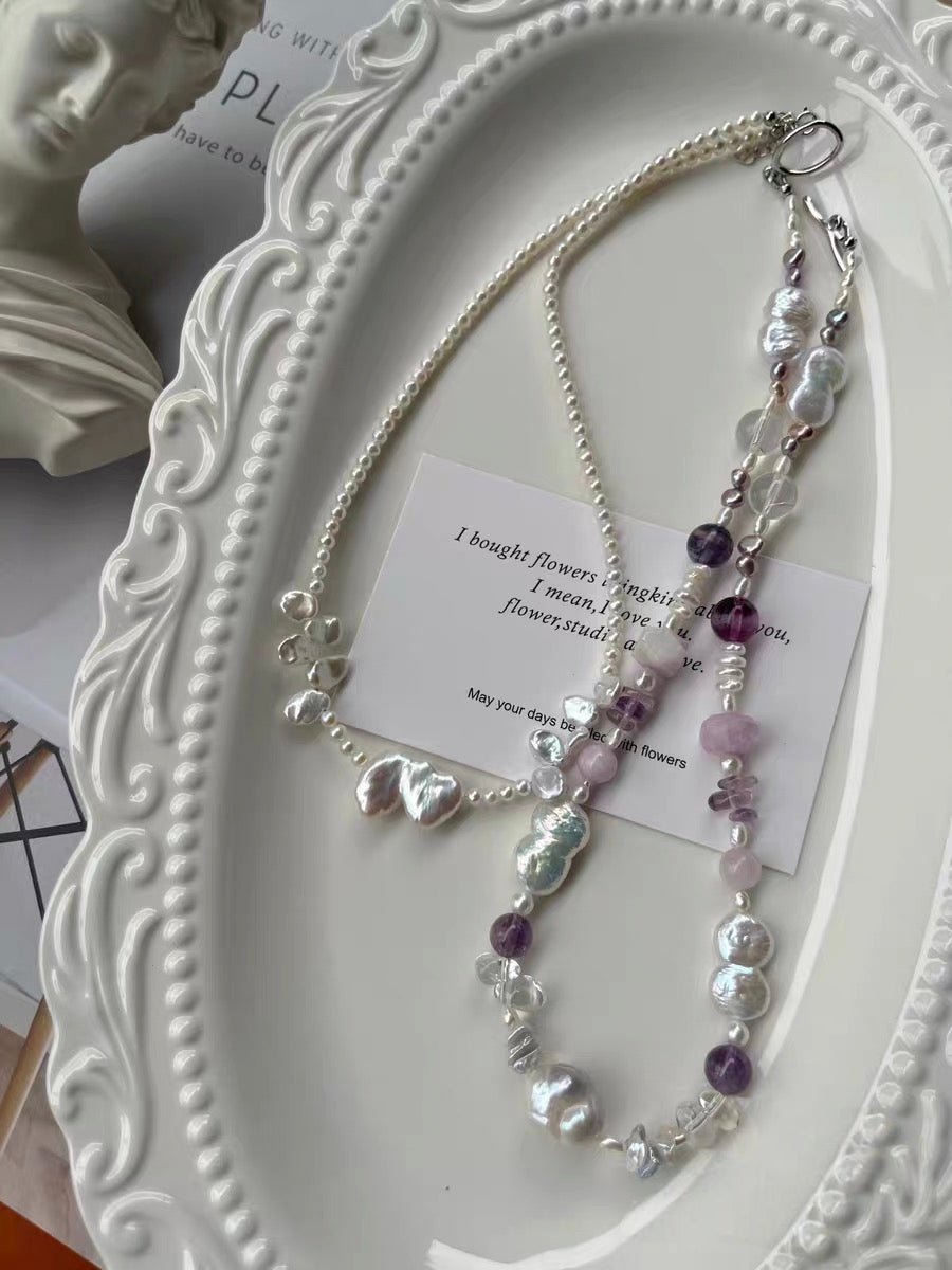 #PN1294 Freshwater pearl necklace heart linked as one shape blue lustre petal baroque kunzite faceted amethyst fluorite hulu shaped baroque