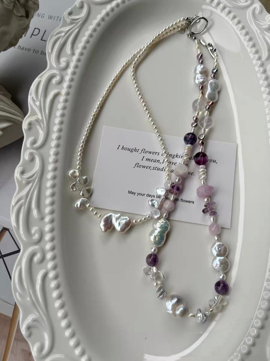 #PN1294 Freshwater pearl necklace heart linked as one shape blue lustre petal baroque kunzite faceted amethyst fluorite hulu shaped baroque
