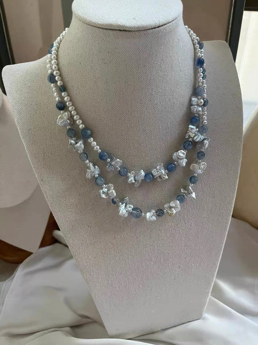 #PN1336 The Lyric Edition [Floral Series] Blue Galaxy | Freshwater pearl necklace icy kyanite silver-lustre butterfly baroque pearls aurora lustre baby pearls devil aquamarine treated grey-blue color mermaid baroque