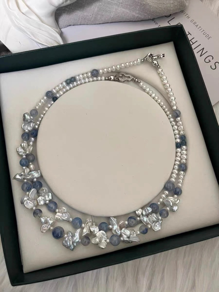 #PN1336 The Lyric Edition [Floral Series] Blue Galaxy | Freshwater pearl necklace icy kyanite silver-lustre butterfly baroque pearls aurora lustre baby pearls devil aquamarine treated grey-blue color mermaid baroque
