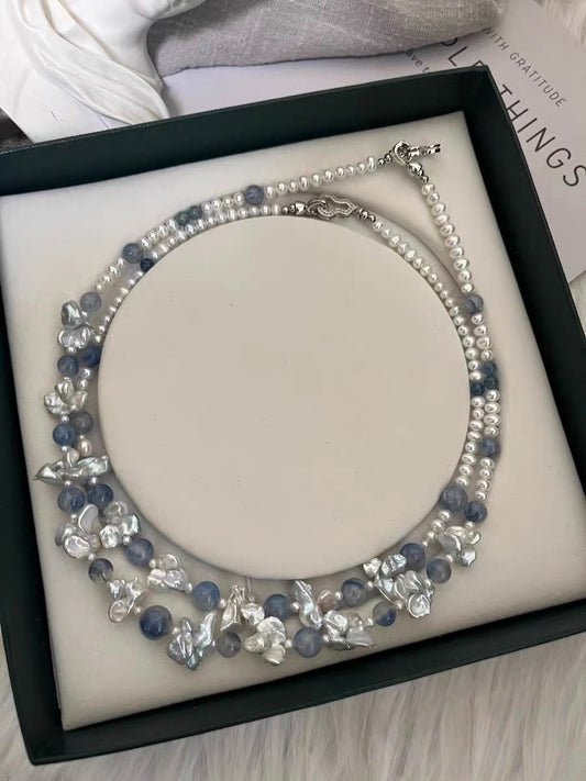 #PN1336 The Lyric Edition [Floral Series] Blue Galaxy | Freshwater pearl necklace icy kyanite silver-lustre butterfly baroque pearls aurora lustre baby pearls devil aquamarine treated grey-blue color mermaid baroque