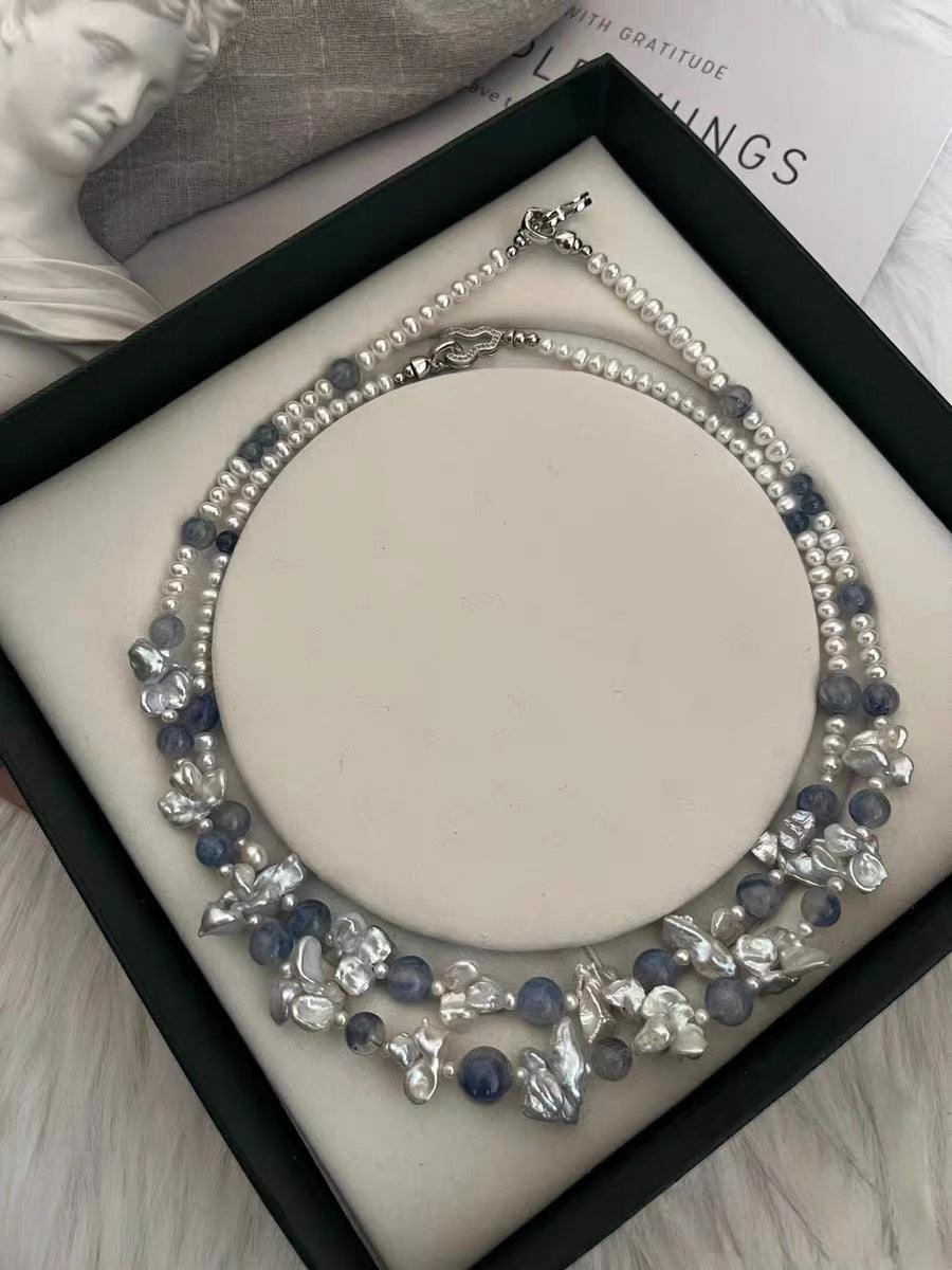 #PN1336 The Lyric Edition [Floral Series] Blue Galaxy | Freshwater pearl necklace icy kyanite silver-lustre butterfly baroque pearls aurora lustre baby pearls devil aquamarine treated grey-blue color mermaid baroque