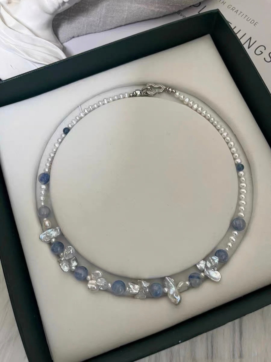#PN1336 The Lyric Edition [Floral Series] Blue Galaxy | Freshwater pearl necklace icy kyanite silver-lustre butterfly baroque pearls aurora lustre baby pearls devil aquamarine treated grey-blue color mermaid baroque