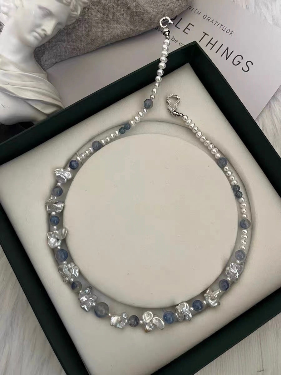 #PN1336 The Lyric Edition [Floral Series] Blue Galaxy | Freshwater pearl necklace icy kyanite silver-lustre butterfly baroque pearls aurora lustre baby pearls devil aquamarine treated grey-blue color mermaid baroque