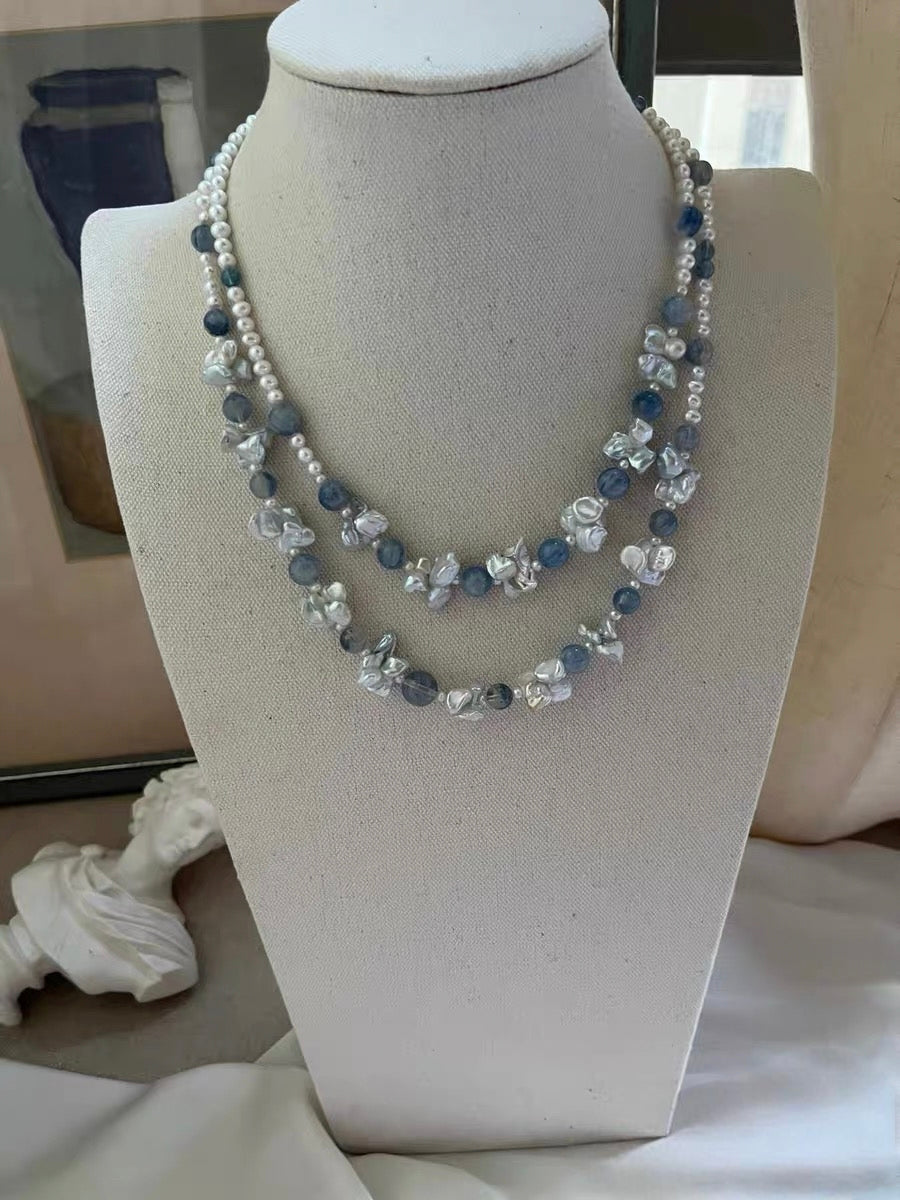 #PN1336 The Lyric Edition [Floral Series] Blue Galaxy | Freshwater pearl necklace icy kyanite silver-lustre butterfly baroque pearls aurora lustre baby pearls devil aquamarine treated grey-blue color mermaid baroque