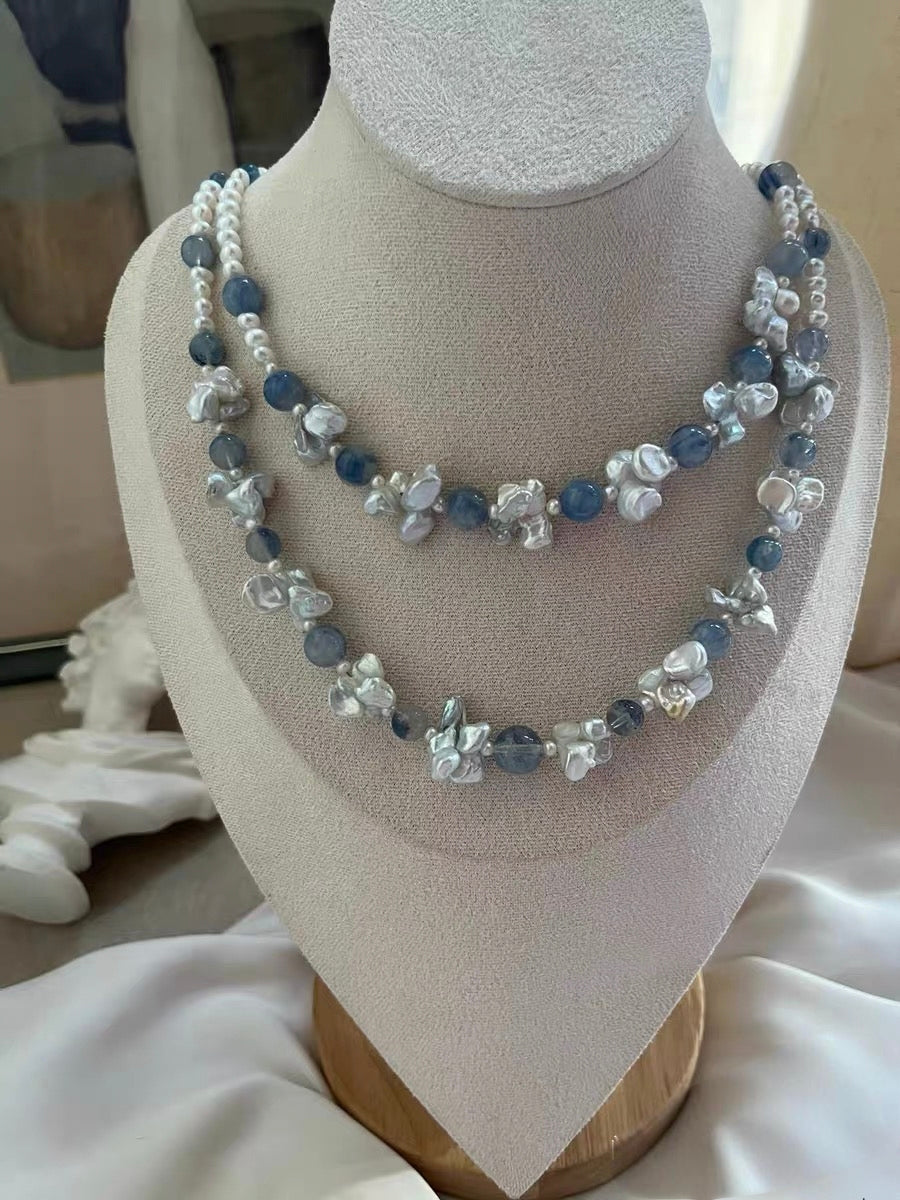 #PN1336 The Lyric Edition [Floral Series] Blue Galaxy | Freshwater pearl necklace icy kyanite silver-lustre butterfly baroque pearls aurora lustre baby pearls devil aquamarine treated grey-blue color mermaid baroque