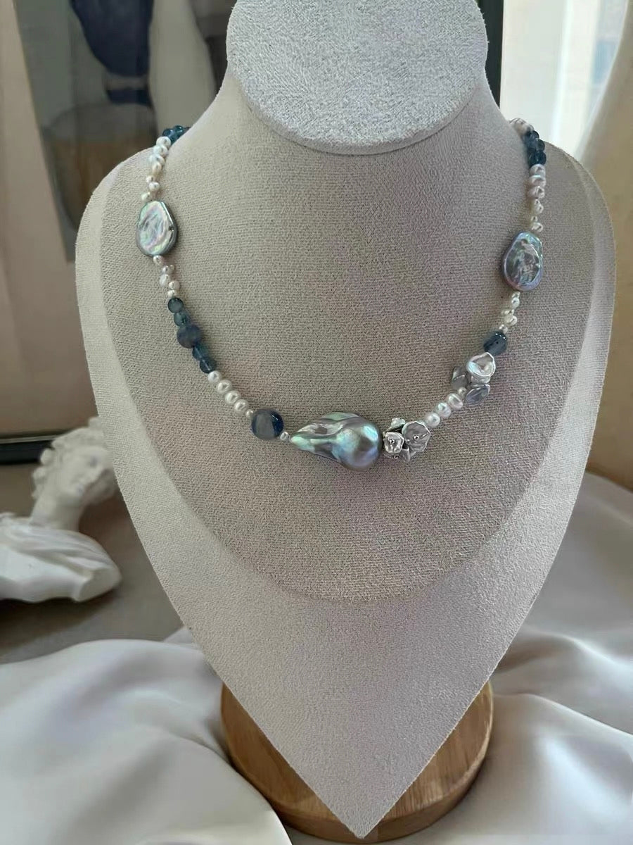 #PN1336 The Lyric Edition [Floral Series] Blue Galaxy | Freshwater pearl necklace icy kyanite silver-lustre butterfly baroque pearls aurora lustre baby pearls devil aquamarine treated grey-blue color mermaid baroque