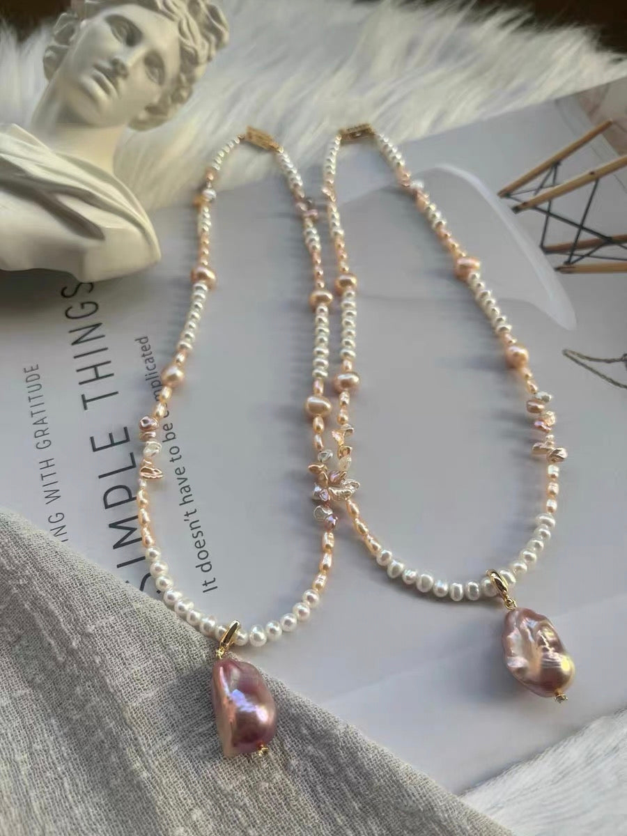 #PN1335 The Muse Edition | golden times | Freshwater pearl necklace 44cm detachable pendant big purple mermaid baroque pearls baby petal pearls champagne lustrous baby pearls