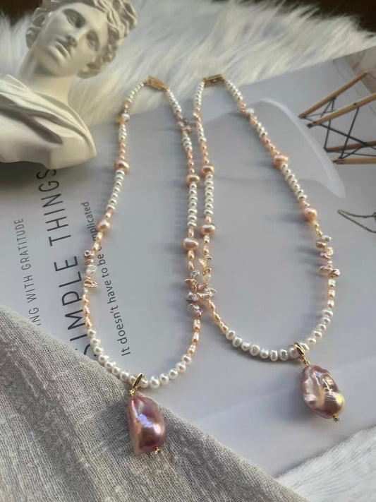 #PN1335 The Muse Edition | golden times | Freshwater pearl necklace 44cm detachable pendant big purple mermaid baroque pearls baby petal pearls champagne lustrous baby pearls