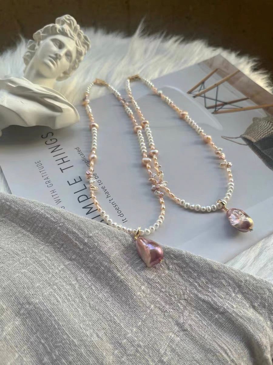 #PN1335 The Muse Edition | golden times | Freshwater pearl necklace 44cm detachable pendant big purple mermaid baroque pearls baby petal pearls champagne lustrous baby pearls