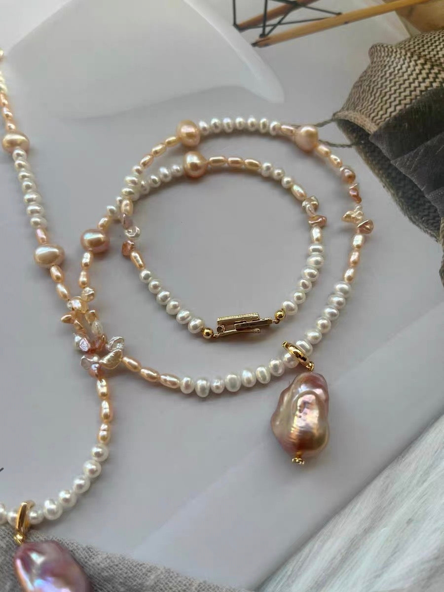 #PN1335 The Muse Edition | golden times | Freshwater pearl necklace 44cm detachable pendant big purple mermaid baroque pearls baby petal pearls champagne lustrous baby pearls