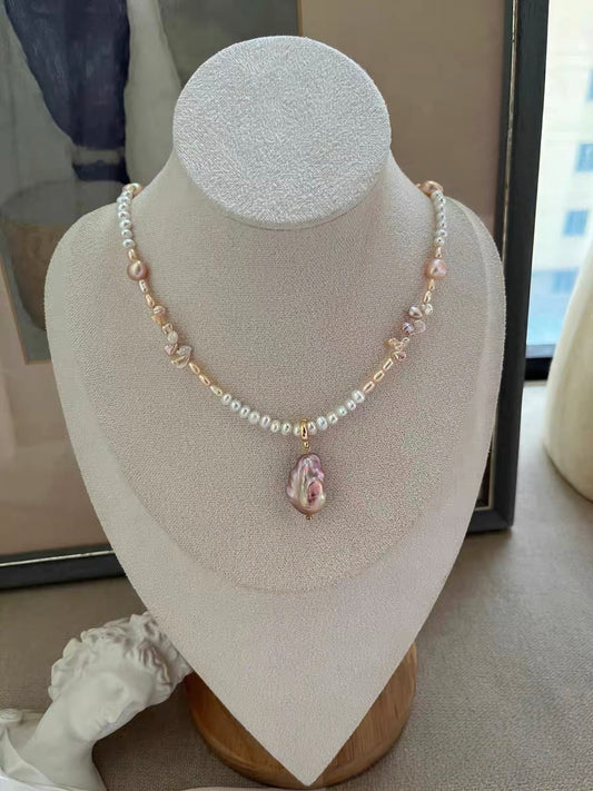 #PN1335 The Muse Edition | golden times | Freshwater pearl necklace 44cm detachable pendant big purple mermaid baroque pearls baby petal pearls champagne lustrous baby pearls