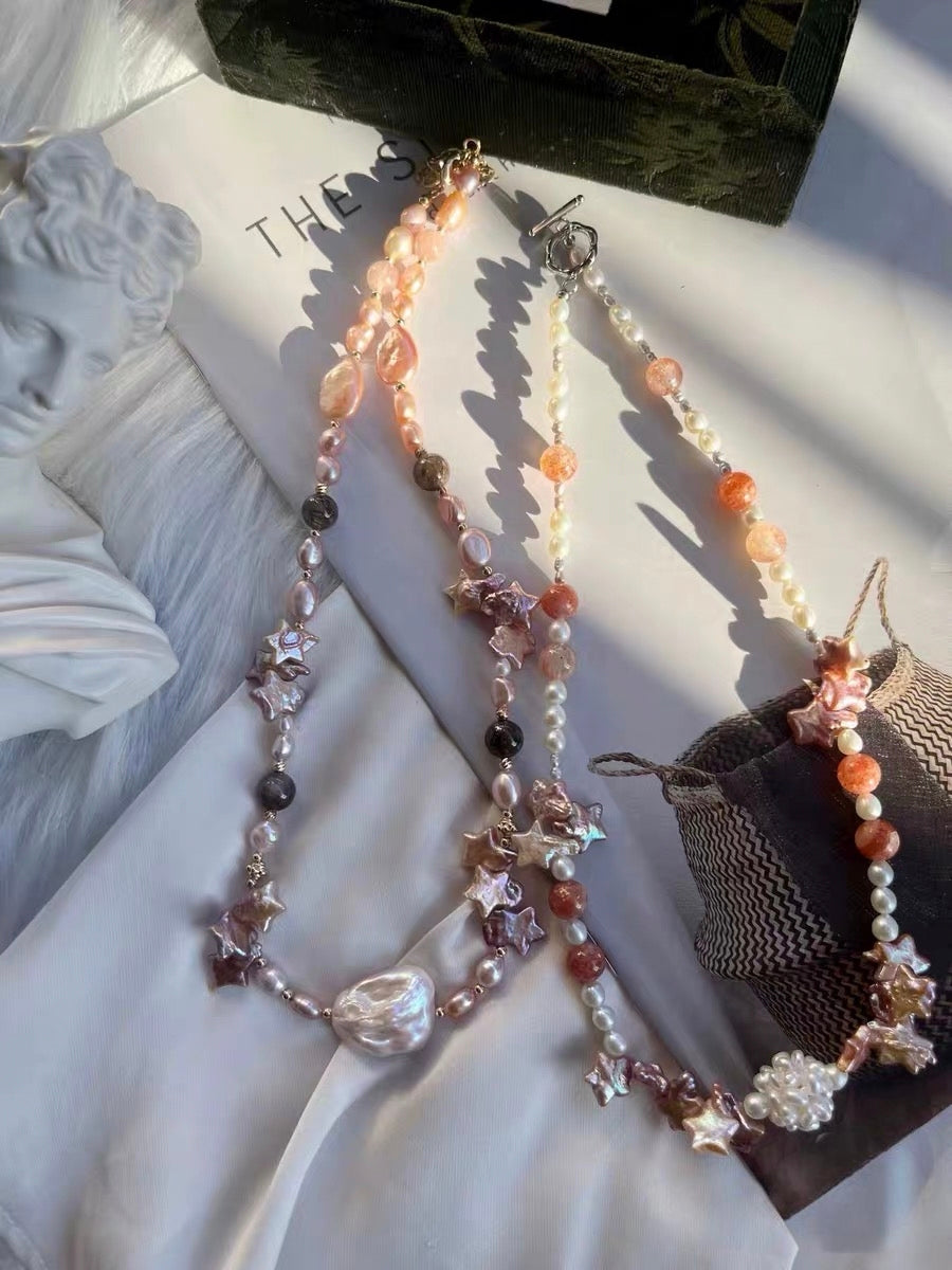 #PN1334 The Muse Edition | Starry Sky | Freshwater pearl necklace star shaped baroque pearls purple lustrous flower ball golden sunstone tsavorite pink-lustre irregular big baroque black rutile