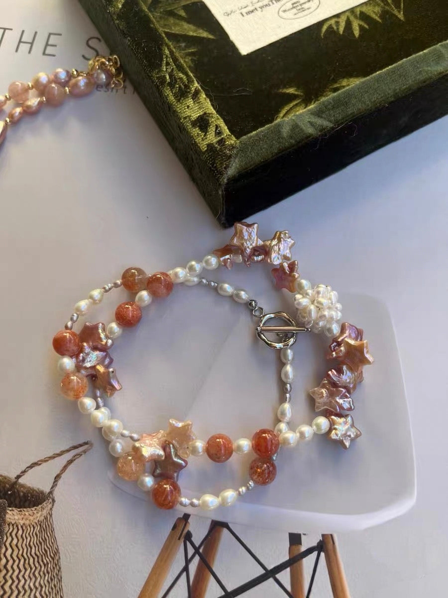 #PN1334 The Muse Edition | Starry Sky | Freshwater pearl necklace star shaped baroque pearls purple lustrous flower ball golden sunstone tsavorite pink-lustre irregular big baroque black rutile