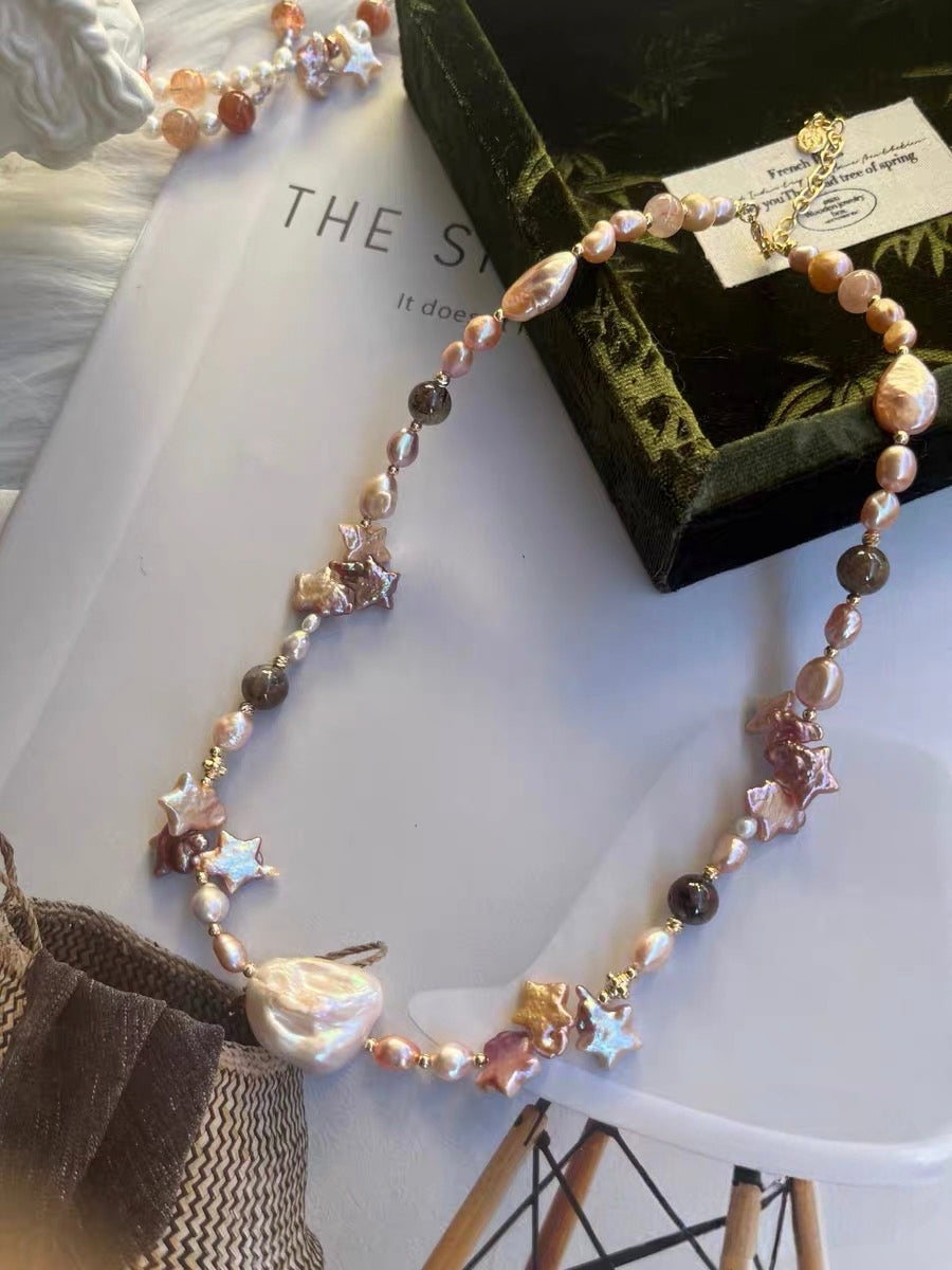#PN1334 The Muse Edition | Starry Sky | Freshwater pearl necklace star shaped baroque pearls purple lustrous flower ball golden sunstone tsavorite pink-lustre irregular big baroque black rutile