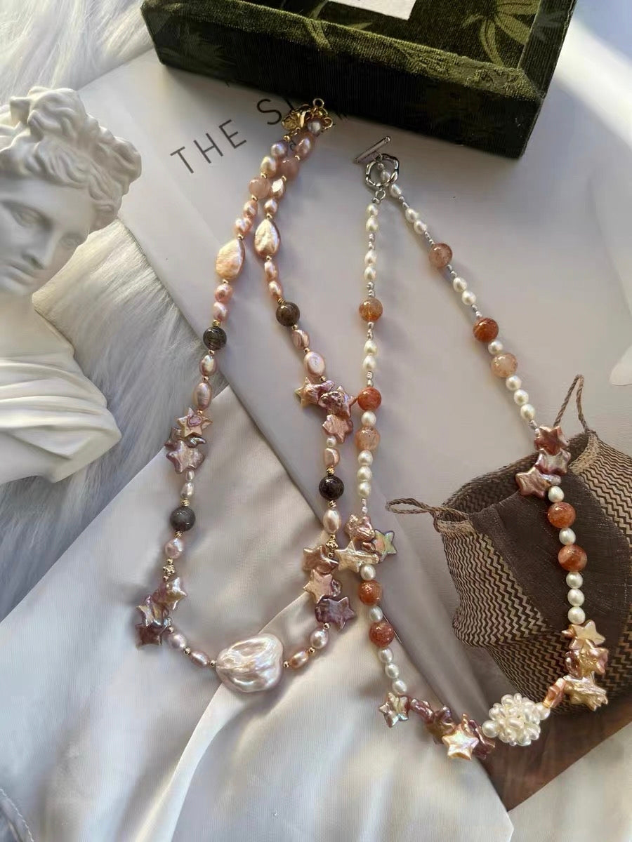 #PN1334 The Muse Edition | Starry Sky | Freshwater pearl necklace star shaped baroque pearls purple lustrous flower ball golden sunstone tsavorite pink-lustre irregular big baroque black rutile