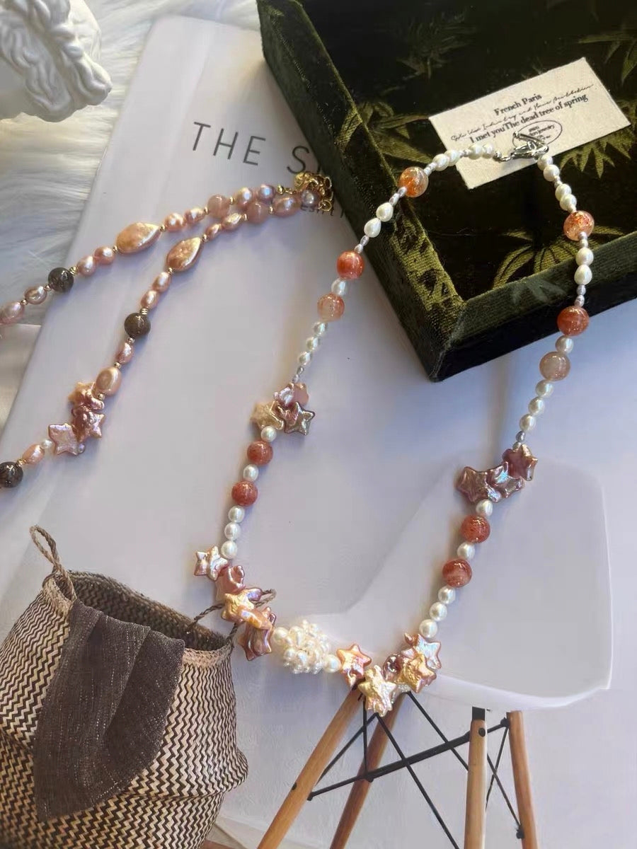 #PN1334 The Muse Edition | Starry Sky | Freshwater pearl necklace star shaped baroque pearls purple lustrous flower ball golden sunstone tsavorite pink-lustre irregular big baroque black rutile