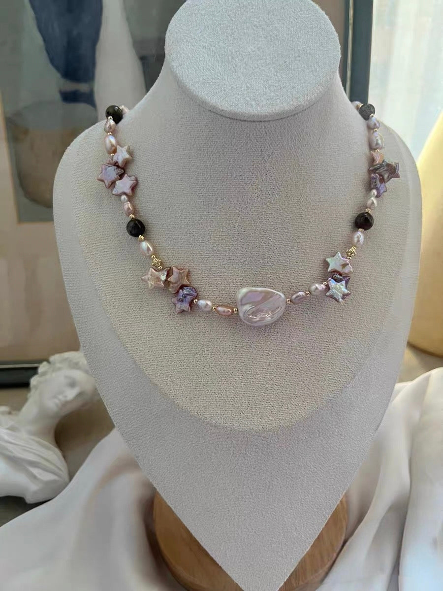 #PN1334 The Muse Edition | Starry Sky | Freshwater pearl necklace star shaped baroque pearls purple lustrous flower ball golden sunstone tsavorite pink-lustre irregular big baroque black rutile